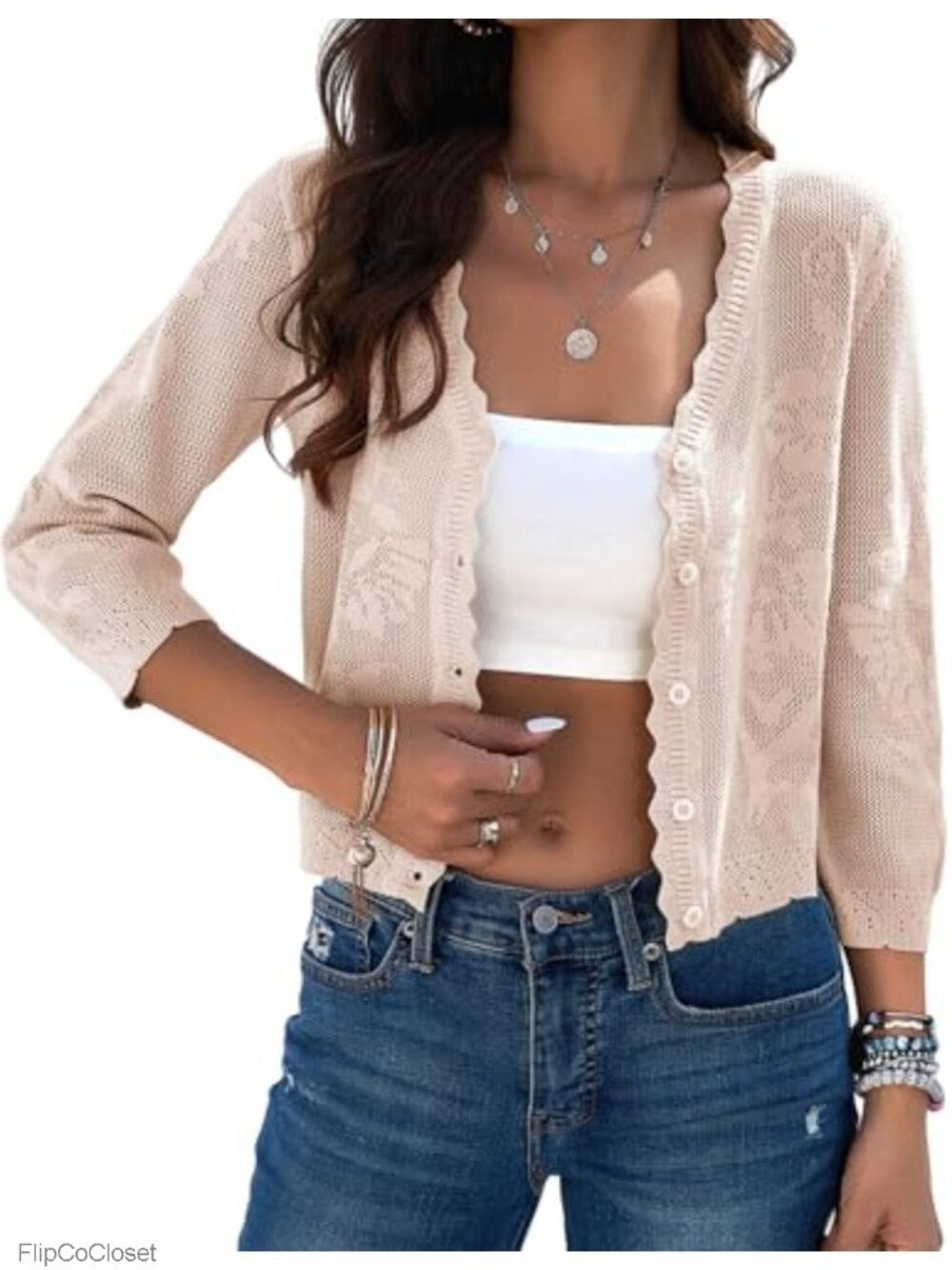 Women's Crop Cardigan Lightweight 3/4 Sleeve Button Up Crochet Shrug